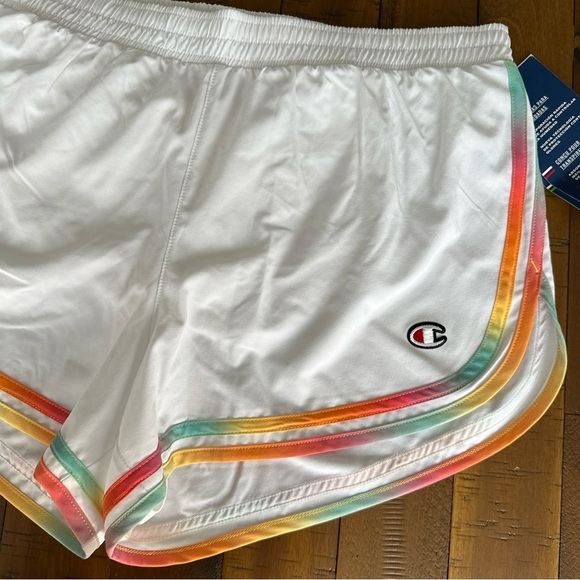 CHAMPION Varsity Shorts White Rainbow Stripe Moisture Wick Odor Control NEW sz M - Picture 2 of 12